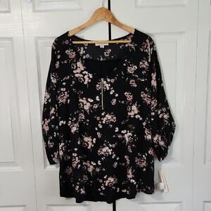 Tempted Los Angeles Black Floral Top Size 3X Roll Tab Sleeves Lightweight NWT